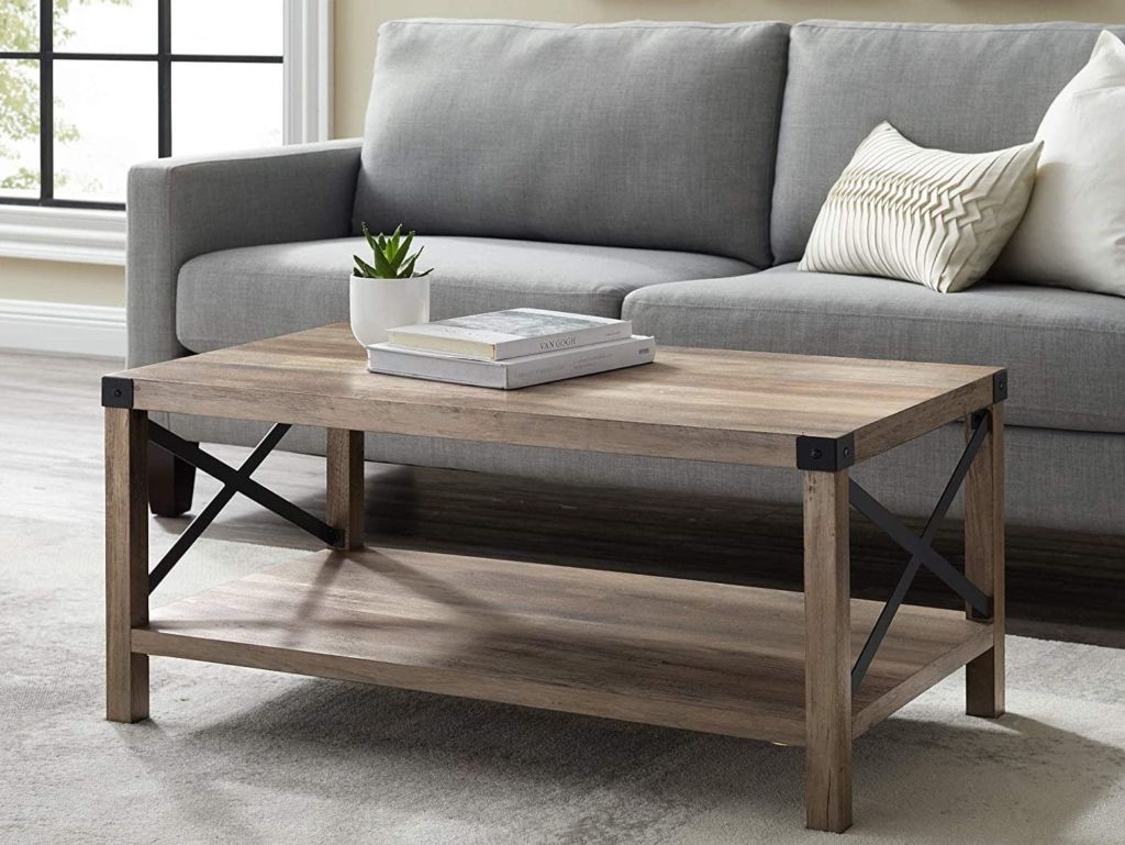 Walker Edison Sedalia Modern Farmhouse Metal X Coffee Table, 40 Inch, Grey Wash