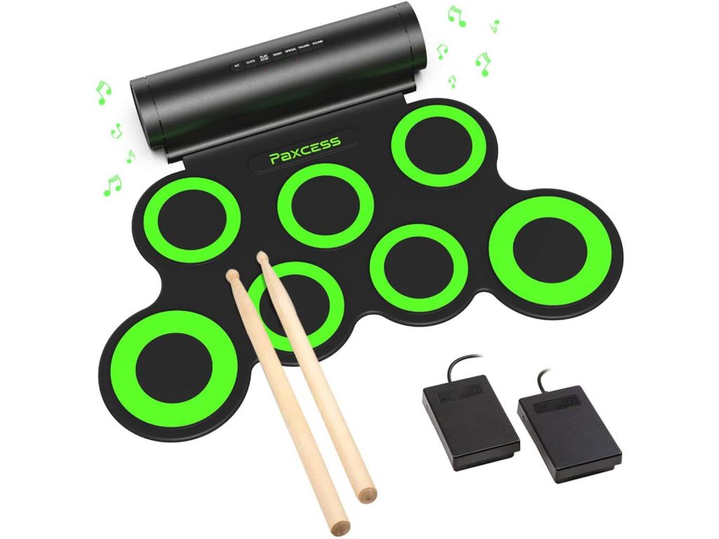 PAXCESS Electronic Drum Set, Roll Up Drum Practice Pad Midi Drum Kit with Headphone Jack Built-in Speaker Drum Pedals Drum Sticks 10 Hours Playtime, Great Holiday Birthday Gift for Kids