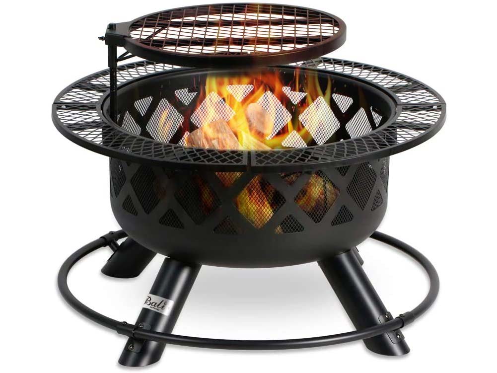 BALI OUTDOORS Wood Burning Fire Pit Backyard with Cooking Grill, 32in, Black, 24in