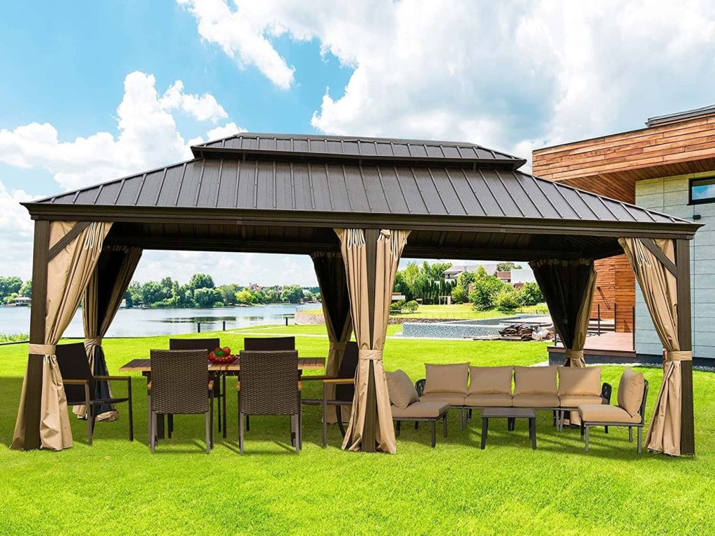 Outdoor Hardtop Gazebo (2021 New) - Galvanized Steel Double Roof, Patio Gazebo Canopy with Privacy Curtains and Premium Net, Permanent Gazebos Aluminum Frame (Calaro 12' X20') by domi outdoor living