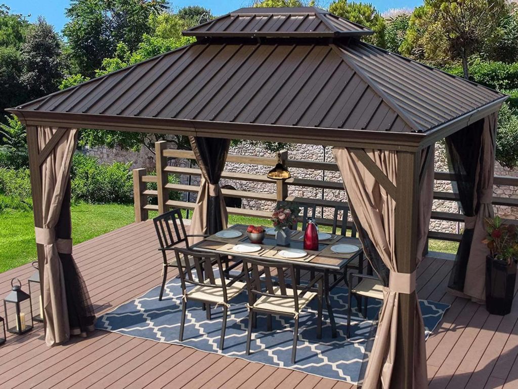 Kozyard Alexander Hardtop Aluminum Permanent Gazebo with a Mosquito Net and Privacy Sidewalls (Alexander 10'x12')