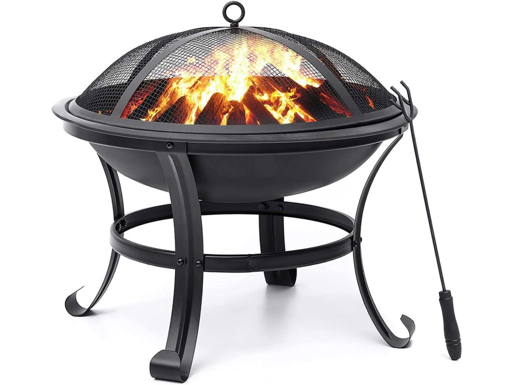 Fire Pit 22" Wood Burning Fire Pits Outdoor Firepit Steel BBQ Grill Fire Bowl with Spark Screen, Log Grate, Poker for Camping Patio Backyard Garden Picnic Bonfire