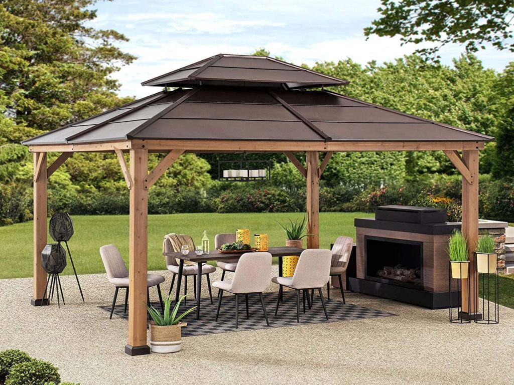 Sunjoy Chapman 13 x 15 ft. Outdoor Patio Cedar Framed Gazebo with Brown Double Steel Hardtop Roof for Garden, Backyard Shade