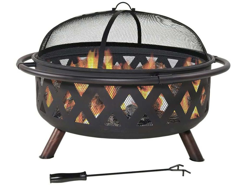 Crossweave Outdoor Fire Pit - 36 Inch Large Bonfire Wood Burning Patio & Backyard Firepit for Outside with Spark Screen, Poker, and Round Fireplace Cover, Black