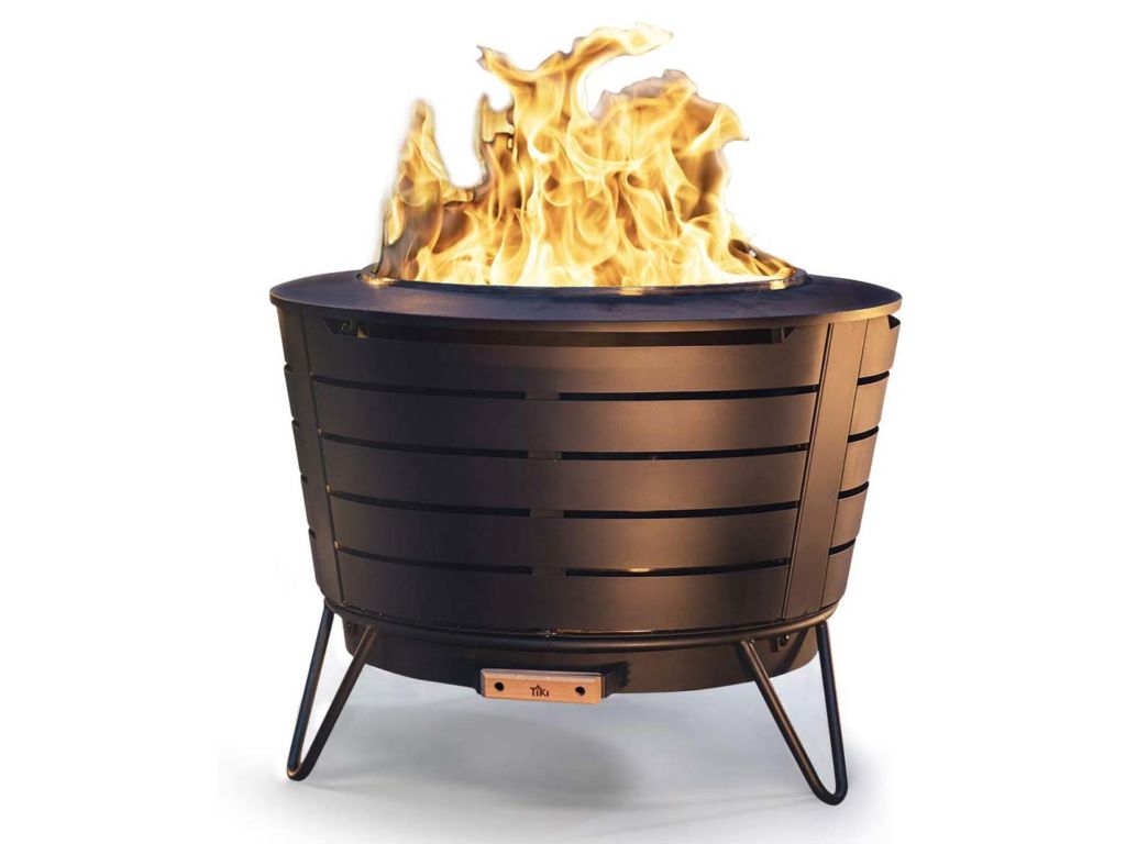 TIKI Brand 25 Inch Stainless Steel Low Smoke Fire Pit - Includes Free Wood Pack and Cloth Cover!! Constructed with 16-gauge stainless steel and durable weatherproof powder-coated exterior in black