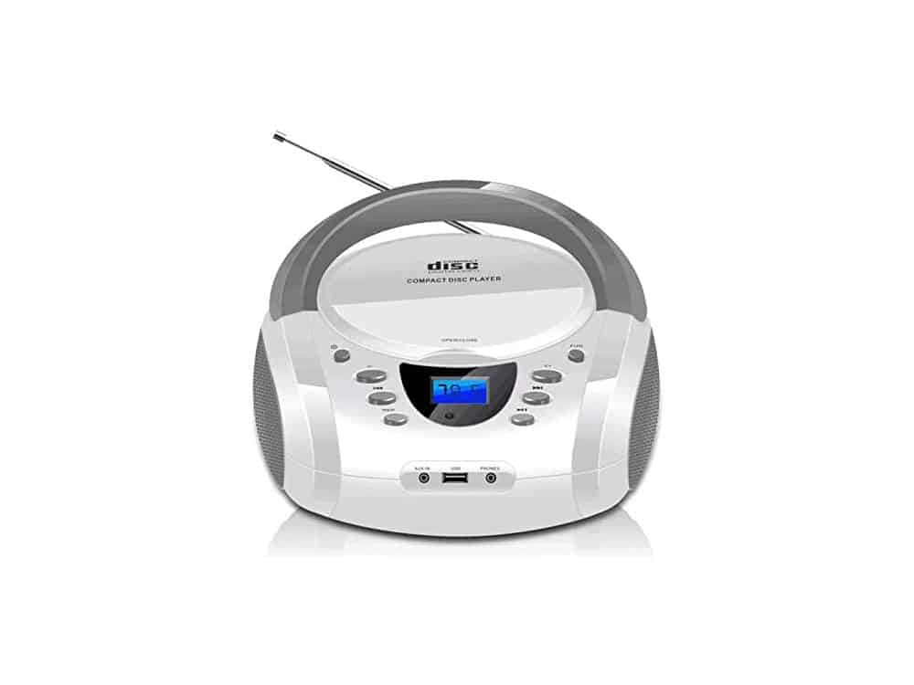 LONPOO CD Player Portable Boombox with FM Radio/USB/Bluetooth/AUX Input and Earphone Jack Output, Stereo Sound Speaker & Audio Player, White