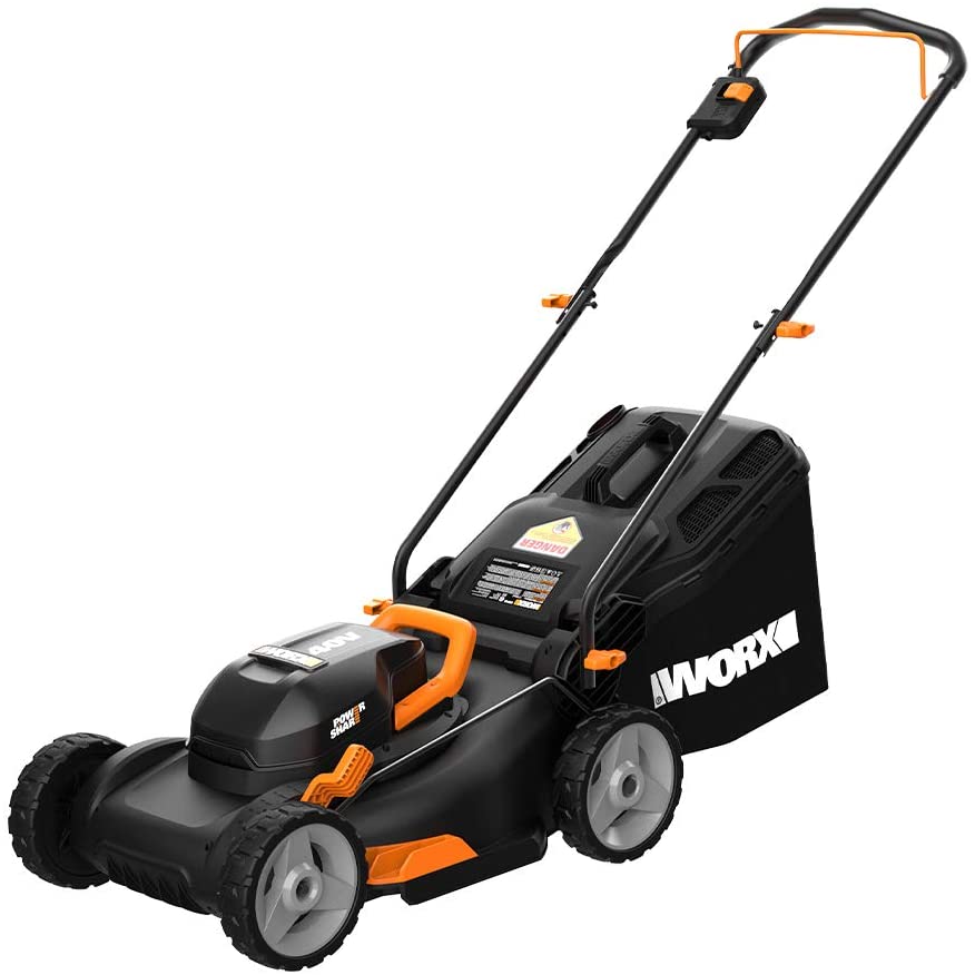 WORX WG743 40V PowerShare 4.0Ah 17" Lawn Mower w/Mulching & Intellicut (2x20V Batteries), Black and Orange