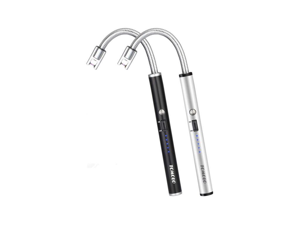 TOMOLO Lighter, Rechargeable Candle Lighter Grill Lighter Electric Arc Lighter with Flexible Neck, LED Battery Display Safety Switch for Candle Camping Cooking BBQs Fireworks (Black&Silver, Pack of 2)