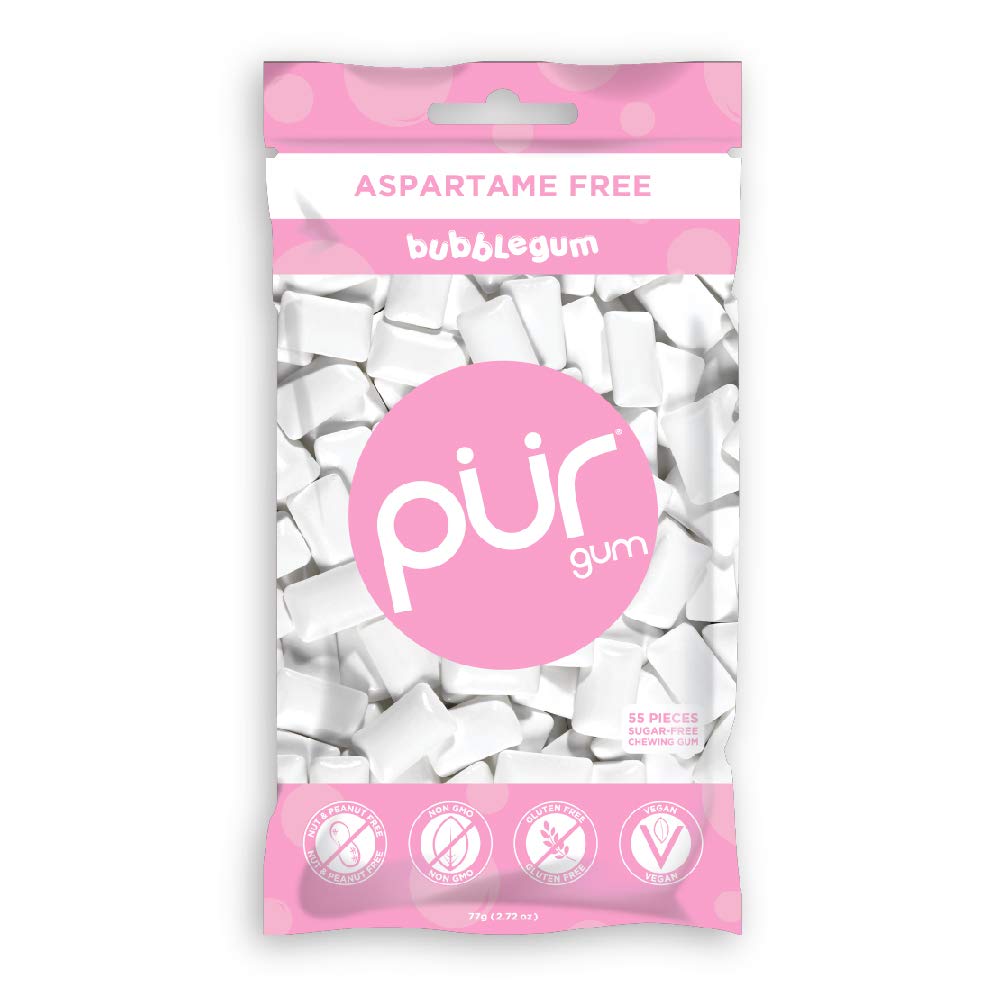 PUR 100% Xylitol Chewing Gum, Sugarless Bubble Gum, Sugar free & Aspartame Free, Vegan - Pink Gum, Teeth Whitening & Relieves Dry Mouth - Low Carb Pure Natural Flavored Candy, 55 Count (Pack of 1)
