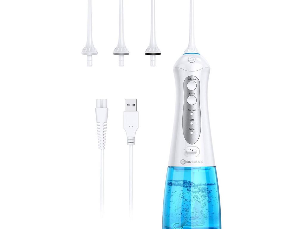 Water Flosser Cordless, CREMAX Dental Oral Irrigator with 3 Modes 4 Jets, Powerful Cleaning, 300ML Water Tank, IPX7 Waterproof, Portable and Rechargeable Teeth Cleaner for Travel Home Braces