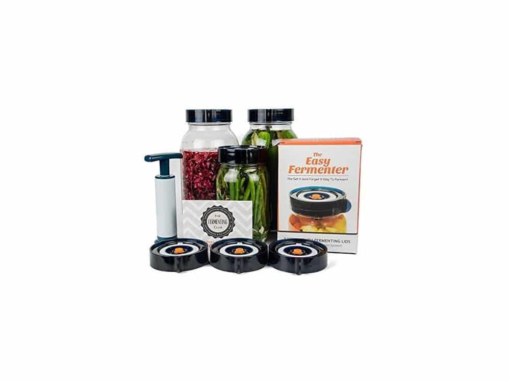 Easy Fermenter Wide Mouth Lid Kit: Simplified Fermenting In Jars Not Crock Pots! Make Sauerkraut, Kimchi, Pickles Or Any Fermented Probiotic Foods. 3 Lids (jars not included), Extractor Pump & Recipes