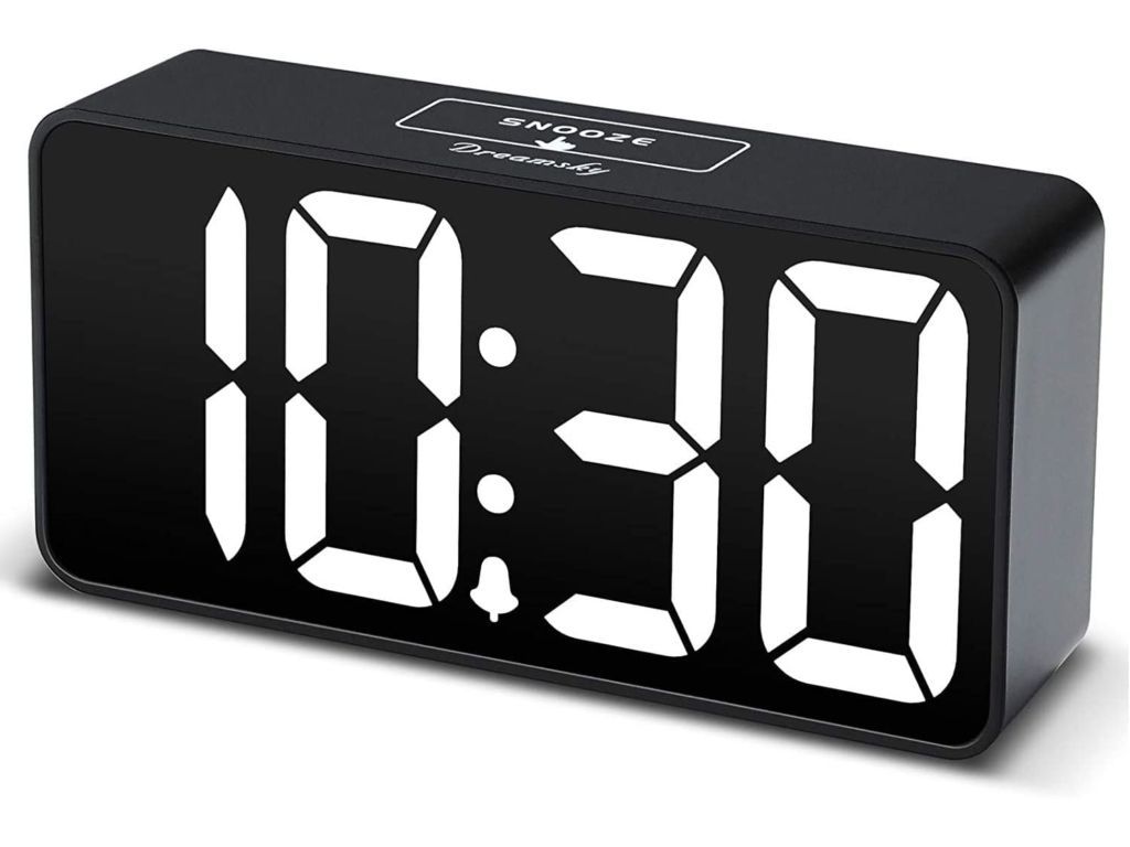 DreamSky Compact Digital Alarm Clock with USB Port for Charging, 0-100% Brightness Dimmer, White Bold Digit Display, 12/24Hr, Snooze, Adjustable Alarm Volume, Small Desk Bedroom Bedside Clocks.
