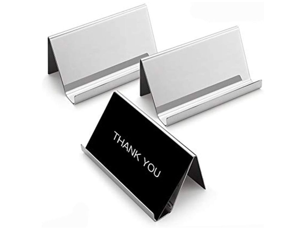 Sooez Business Card Holders Stand for Desk, 3 Pack Office Stainless Steel Business Card Table Top Display Stand Metal Name Card Holder Desktop Collection Rack Organizer, Mirror Silver