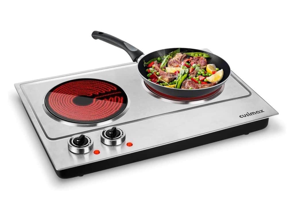 Cusimax Hot Plate, 1800W Ceramic Electric Double Burner for Cooking, Infrared Cooktop, Glass Electric Stove with Adjustable Temperature & Non-Slip Rubber Feet, Stainless Steel Upgraded Version, Compatible w/All Cookware
