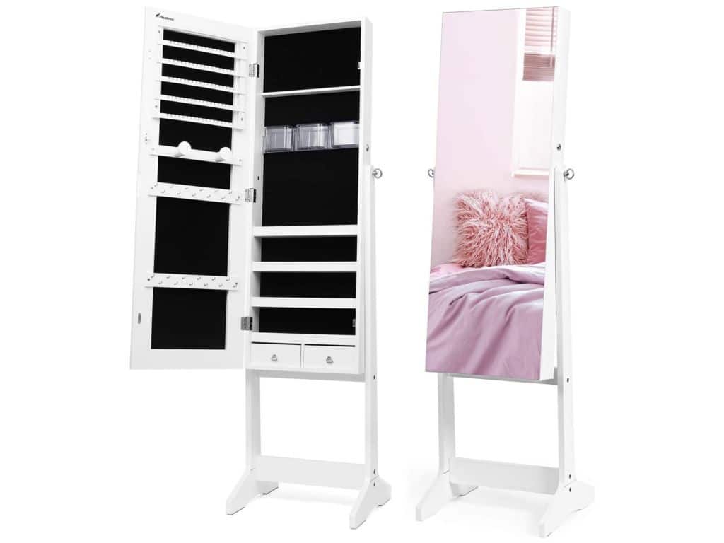 Nicetree Jewelry Cabinet with Full-Length Mirror, Standing Lockable Jewelry Armoire Organizer, 3 Angle Adjustable (White)
