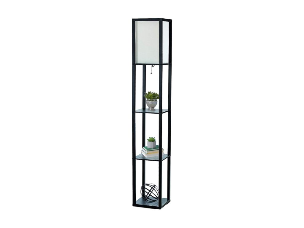 Simple Designs Home LF1014-BLK Etagere Organizer Storage Shelf Linen Shade Floor Lamp, Black