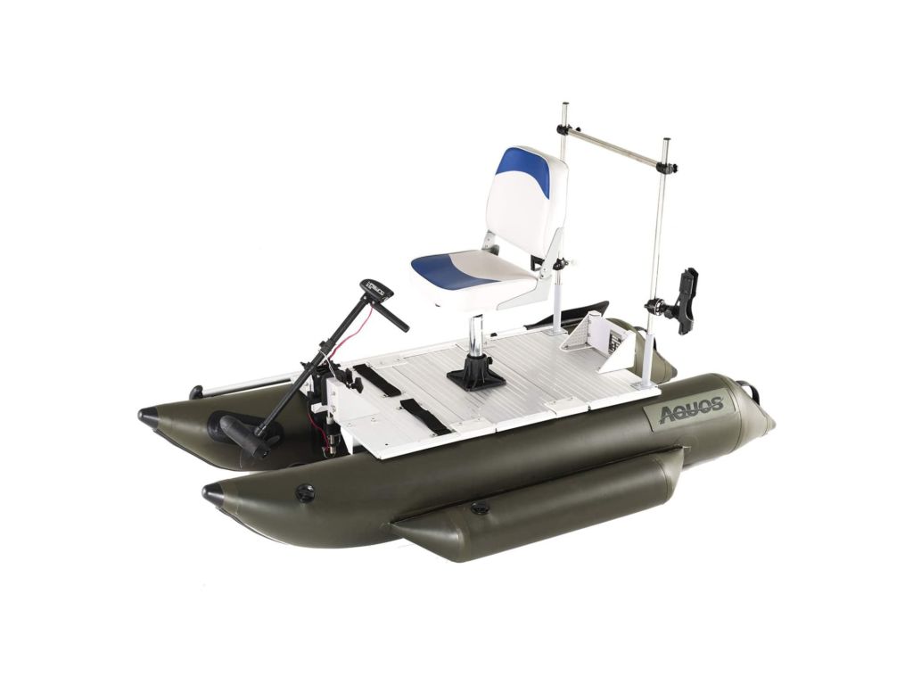 AQUOS Heavy-Duty 2020 New 7.5 ft Inflatable Pontoon Boat with Grab Bar and FoldingSeat and 20LBS BowMount TrollingMotor for One Person Fishing, Aluminum Floor Board, Transport Canada Approved