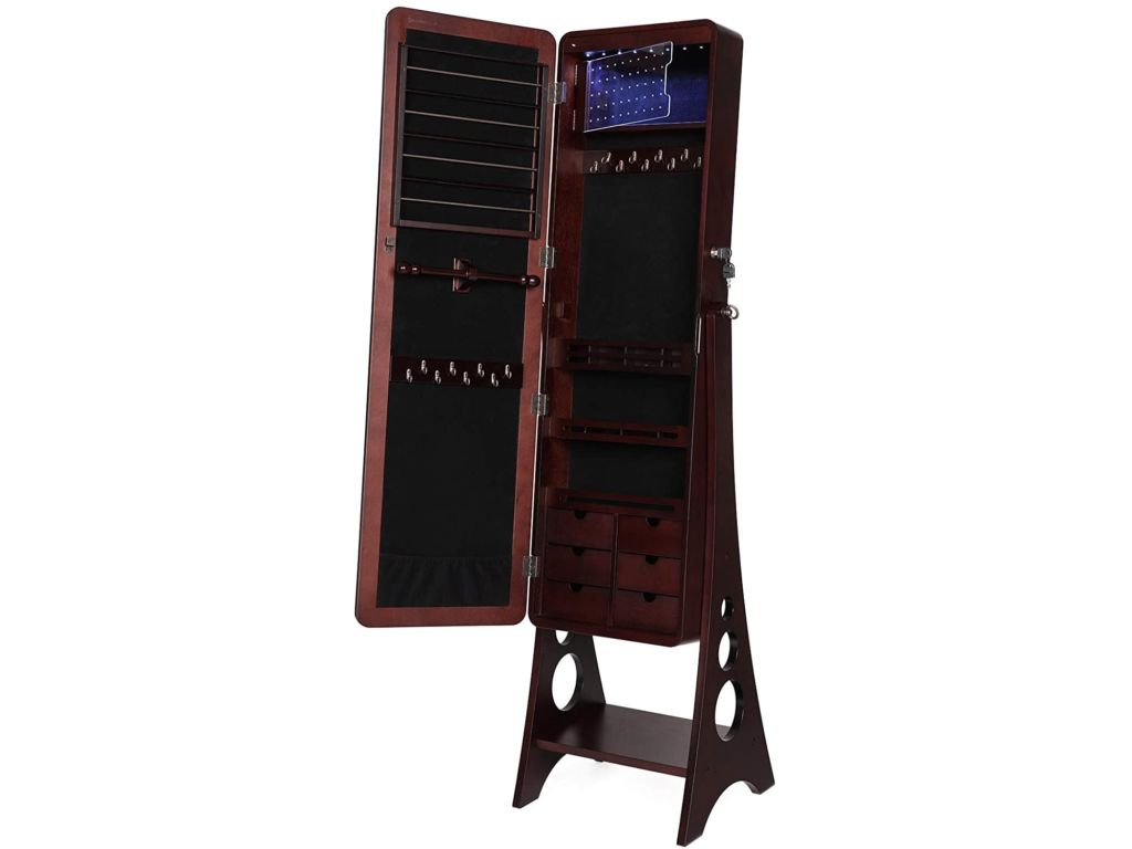 SONGMICS 8 LEDs Jewelry Cabinet Armoire with Beveled Edge Mirror Gorgeous Jewelry Organizer Large Capacity Brown Patented UJJC89K