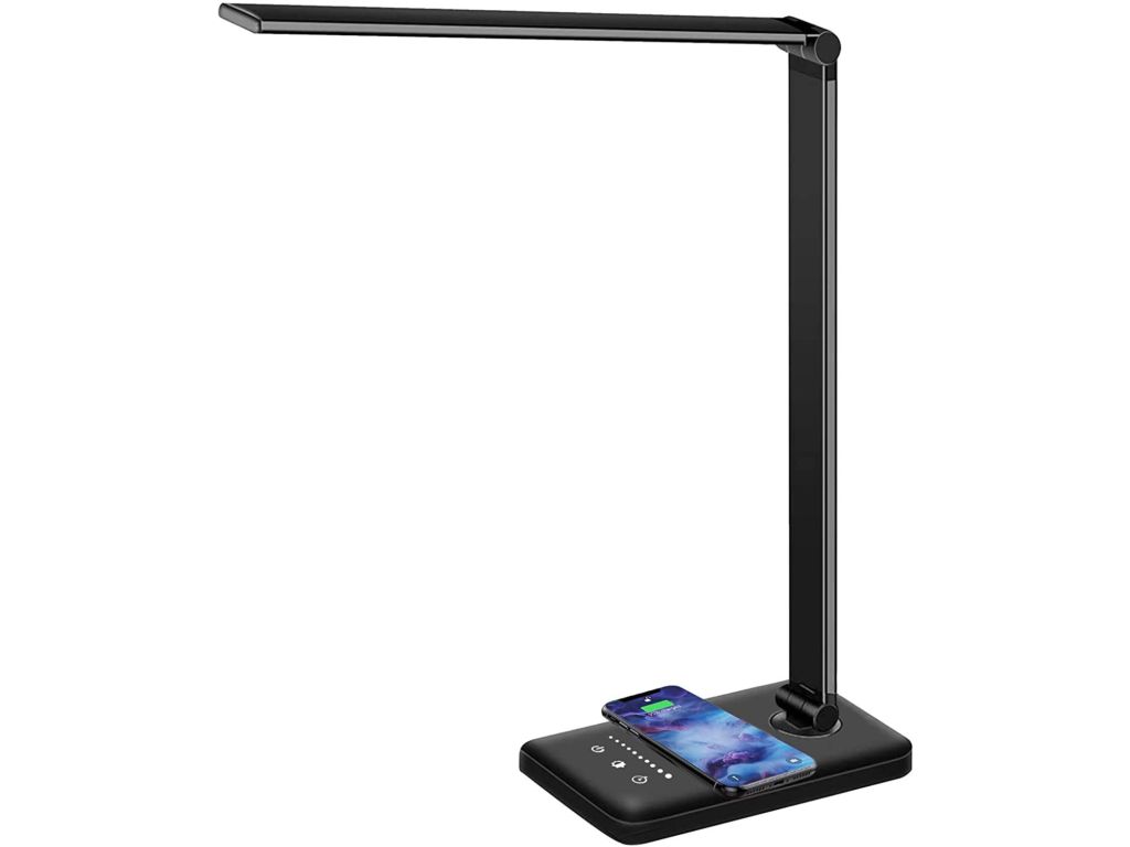 MCHATTE LED Desk Lamp with Wireless Charger, USB Charging Port, Dimmable Eye-Caring Desk Light with 5 Brightness Levels & 5 Lighting Modes, Touch Control, Auto Timer (Black)