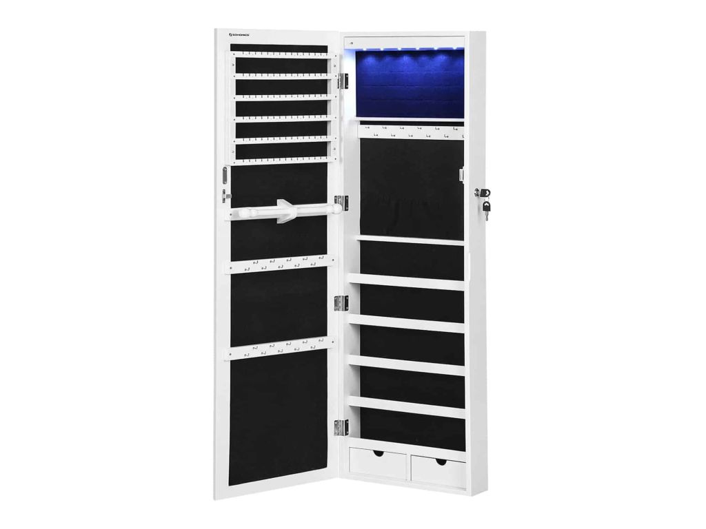 SONGMICS 6 LEDs Mirror Jewelry Cabinet 47.3"H Lockable Wall/Door Mounted Jewelry Armoire Organizer with Mirror, 2 Drawers, Pure White UJJC93W