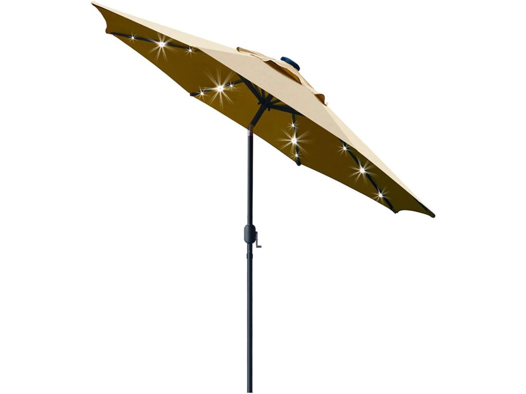 Sunnyglade 9' Solar 24 LED Lighted Patio Umbrella with 8 Ribs/Tilt Adjustment and Crank Lift System (Light Tan)