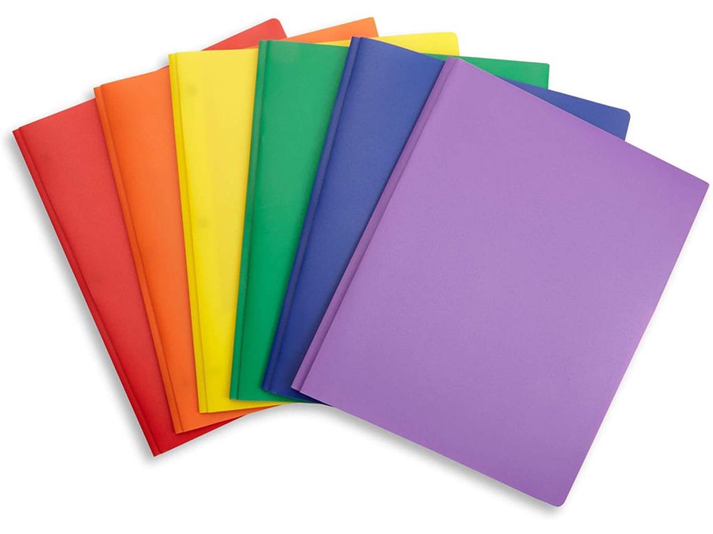 6 Pack Multicolor Plastic Two Pocket Folders with Prongs, Plastic Folders with 2 Pockets and 3 prongs, 2 Pocket Plastic Folders for School, Home, and Work, 6 Pack Plastic Folders