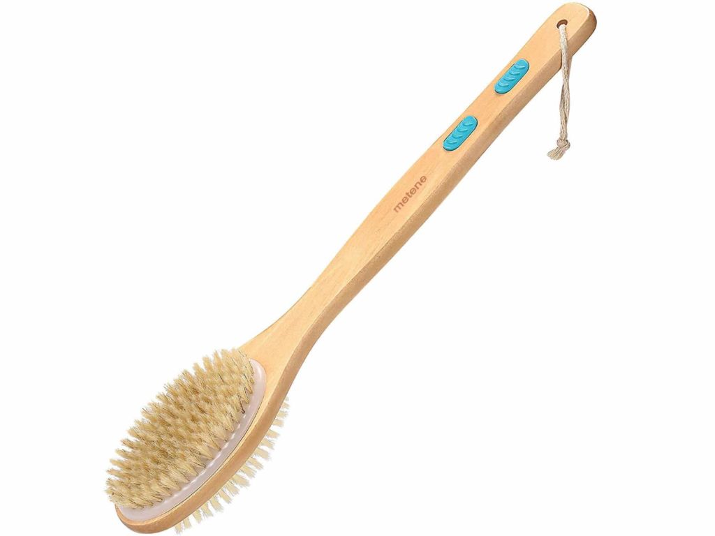 Shower Brush with Soft and Stiff Bristles, Exfoliating Skin and A Soft Scrub, Double-sided Brush Head for Wet or Dry Brushing, Specially Long Wooden Handle Cleans the Body Easily