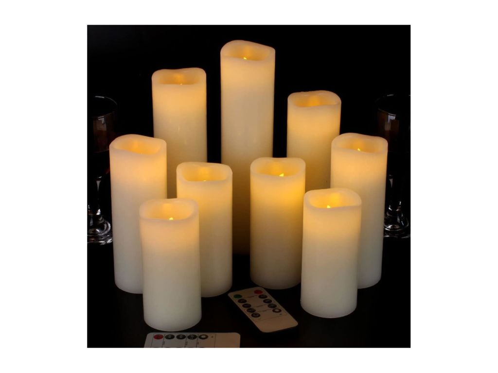 Vinkor Flameless Candles Battery Operated Candles 4" 5" 6" 7" 8" 9" Set of 9 Ivory Real Wax Pillar LED Candles with 10-Key Remote and Cycling 24 Hours Timer