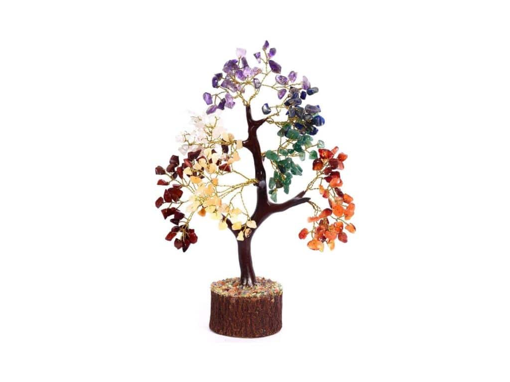 Crocon Seven Chakra Natural Healing Gemstone Crystal Bonsai Fortune Money Tree for Good Luck, Wealth & Prosperity-Home Office Decor Spiritual Gift (with Golden Wire and 300 Beads) Size 10-12 Inches