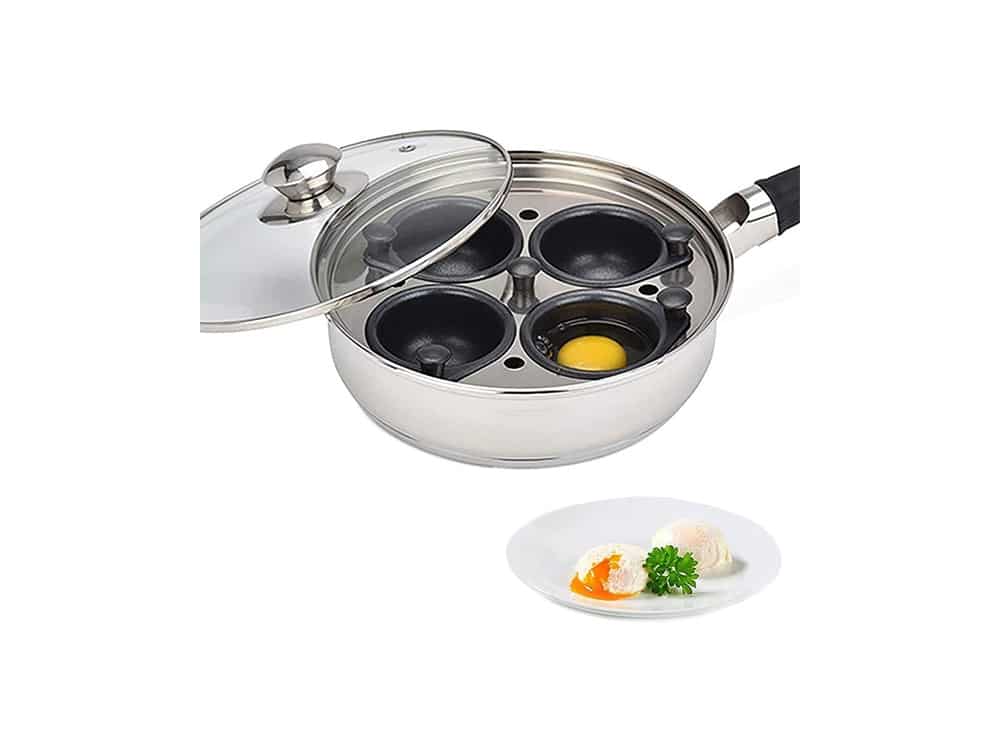 Egg Poacher Pan - Stainless Steel Poached Egg Cooker – Perfect Poached Egg Maker – Induction Cooktop Egg Poachers Cookware Set with 4 Large Egg Poacher Cups and Silicone Spatula