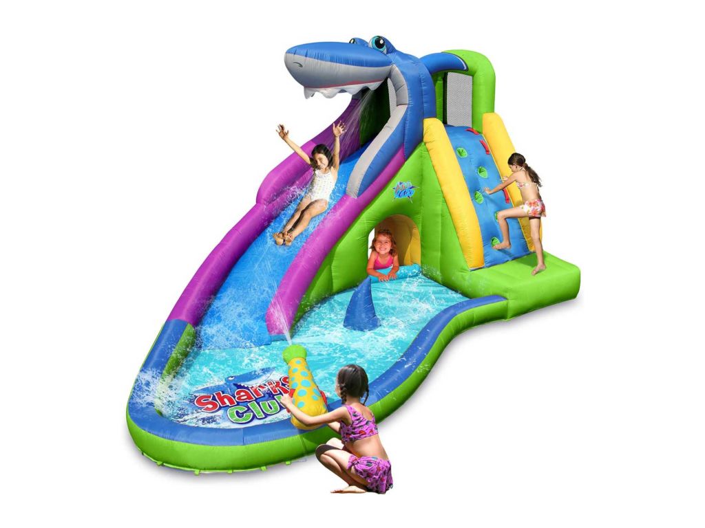 ACTION AIR Inflatable Waterslide, Shark Bounce House with Slide for Wet and Dry, Playground Sets for Backyards, Water Gun & Splash Pool, Durable Sewn with Extra Thick Material, Idea for Kids (9417N)