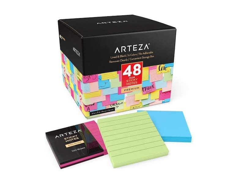 Arteza Sticky Notes, 3x3 Inch, Bulk 48-Pack, 24 Lined & 24 Blank Pads, 6 Assorted Colors, 100 Sheets Per Pad, Colorful Note Pads, Office Supplies for Office, Home or School