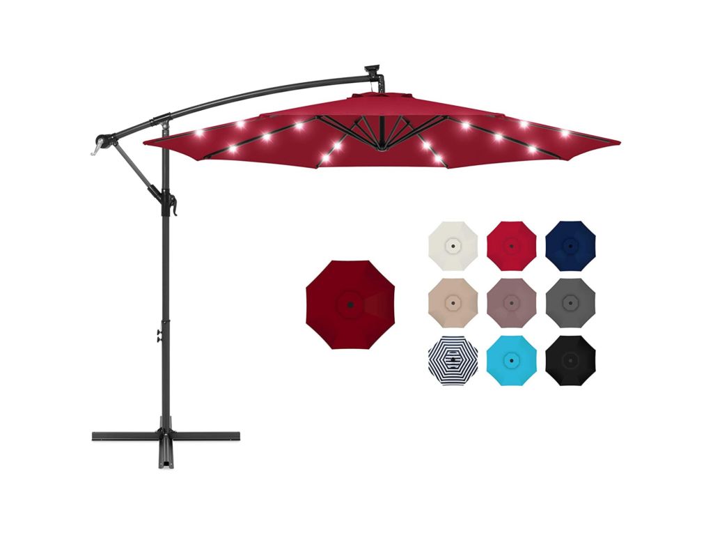 Best Choice Products 10ft Solar LED Offset Hanging Market Patio Umbrella for Backyard, Poolside, Lawn and Garden w/Easy Tilt Adjustment, Polyester Shade, 8 Ribs - Burgundy