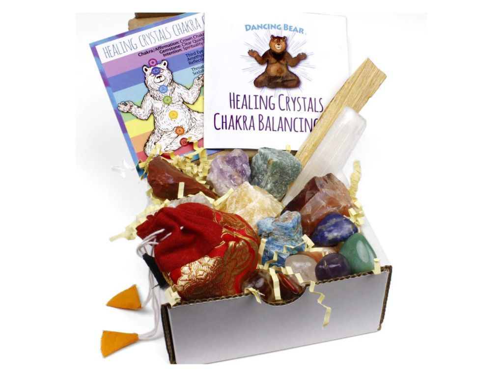 Dancing Bear Healing Crystals Chakra Balance Kit (16 Pc Starter Set), 7 Tumbled Stones, 7 Rough Stones, Selenite Wand & Palo Santo Smudge Stick for Good Energy, Chart and Guide with Metaphysical Info
