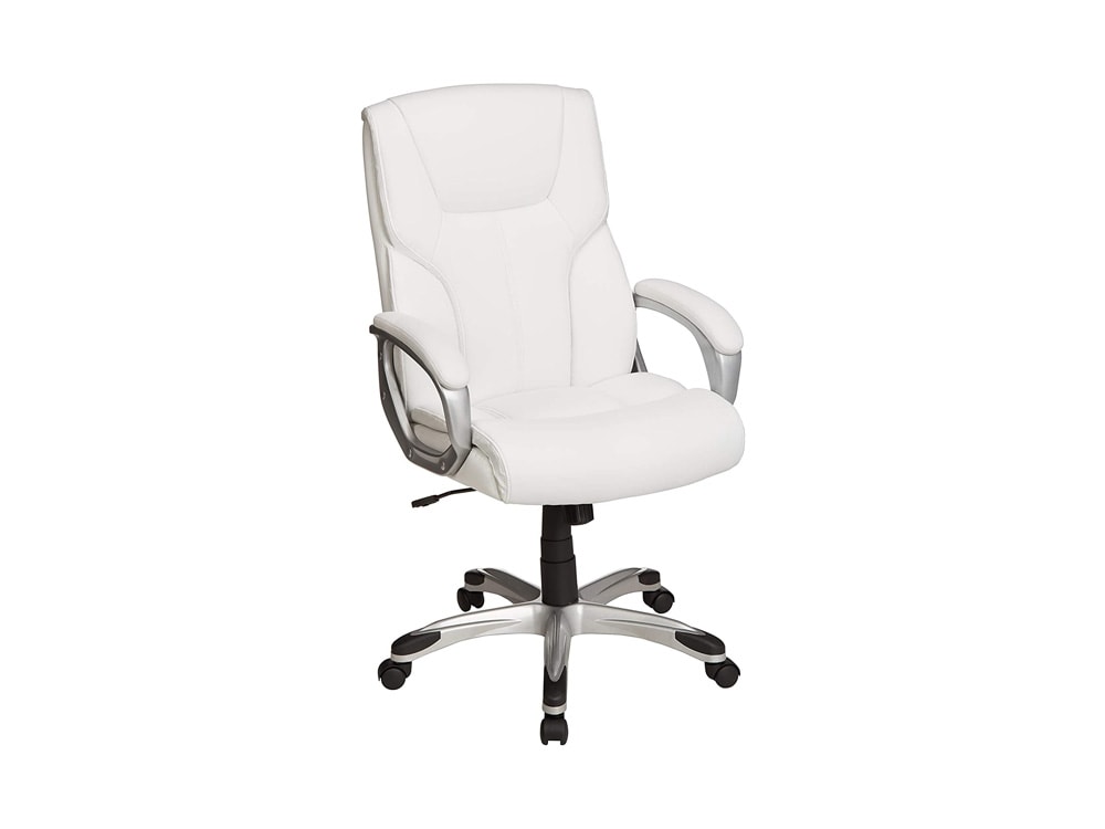 Amazon Basics High-Back Executive, Swivel, Adjustable Office Desk Chair with Casters, White Bonded Leather