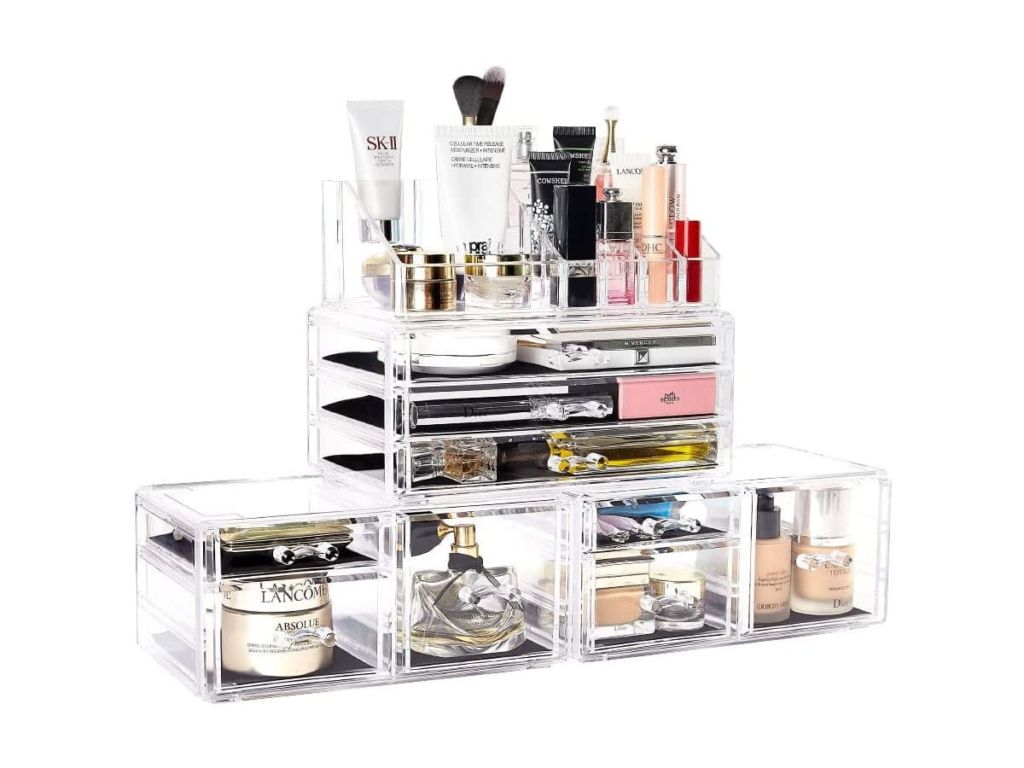 DreamGenius Makeup Organizer 4 Pieces Acrylic Jewelry and Cosmetic Storage Display Boxes with 9 Drawers