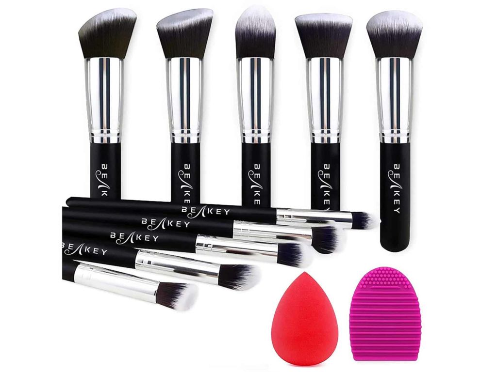 BEAKEY Makeup Brush Set, Premium Synthetic Foundation Face Powder Blush Eyeshadow Kabuki Brush Kit, Makeup Brushes with Makeup Sponge and Brush Cleaner (10+2pcs, Black/Silver)