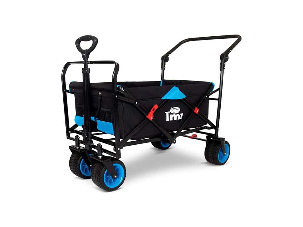 TMZ All Terrain Wide Wheel Utility Folding Wagon, Collapsible Garden Cart, Heavy Duty Beach Wagon Trolley with Adjustable Push Handle and Brake, 90 L Storage, Load of 120KG(Black/Blue)