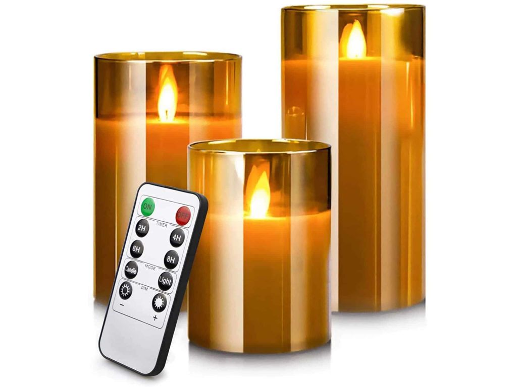 Led Flameless Candles, Battery Operated Real Pillar Wax Flickering Moving Wick Effect Gold Glass Candle Set with Remote Control Cycling Timer, 4 inch, 5 inch, 6 inch, Pack of 3