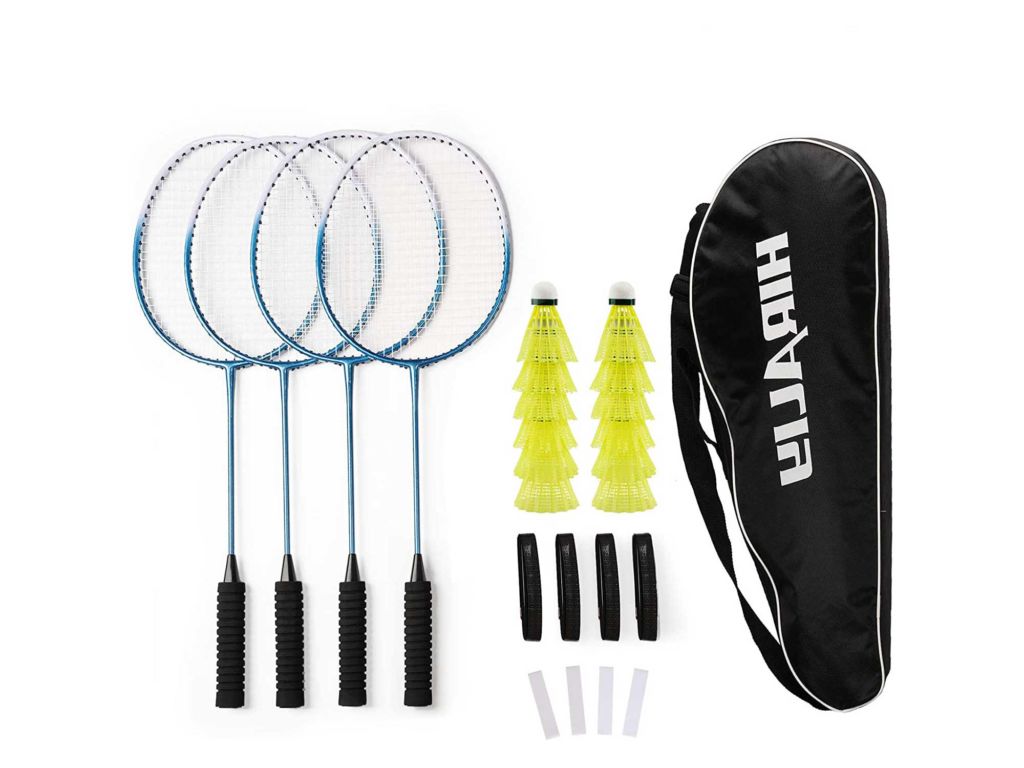 HIRALIY Badminton Rackets Set of 4 for Outdoor Backyard Games, Including 4 Rackets, 12 Nylon Shuttlecocks, 4 Replacement Grip Tapes and 1 Carrying Bag