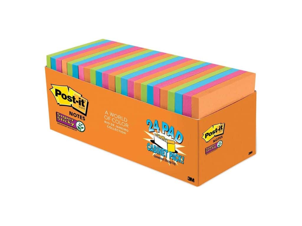 Post-it Super Sticky Notes, 3x3 in, 24 Pads, 2x the Sticking Power, Rio de Janeiro Collection, Bright Colors (Orange, Pink, Blue, Green), Recyclable (654-24SSAU-CP)