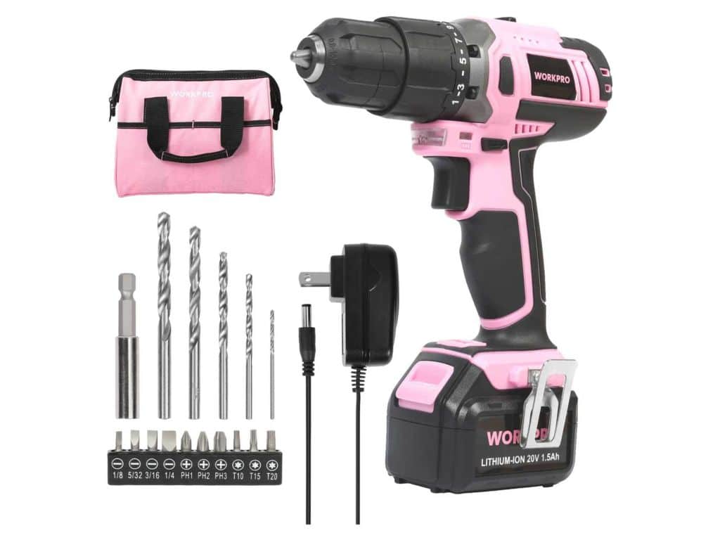 WORKPRO Pink Cordless 20V Lithium-ion Drill Driver Set, 1 Battery, Charger and Storage Bag Included - Pink Ribbon