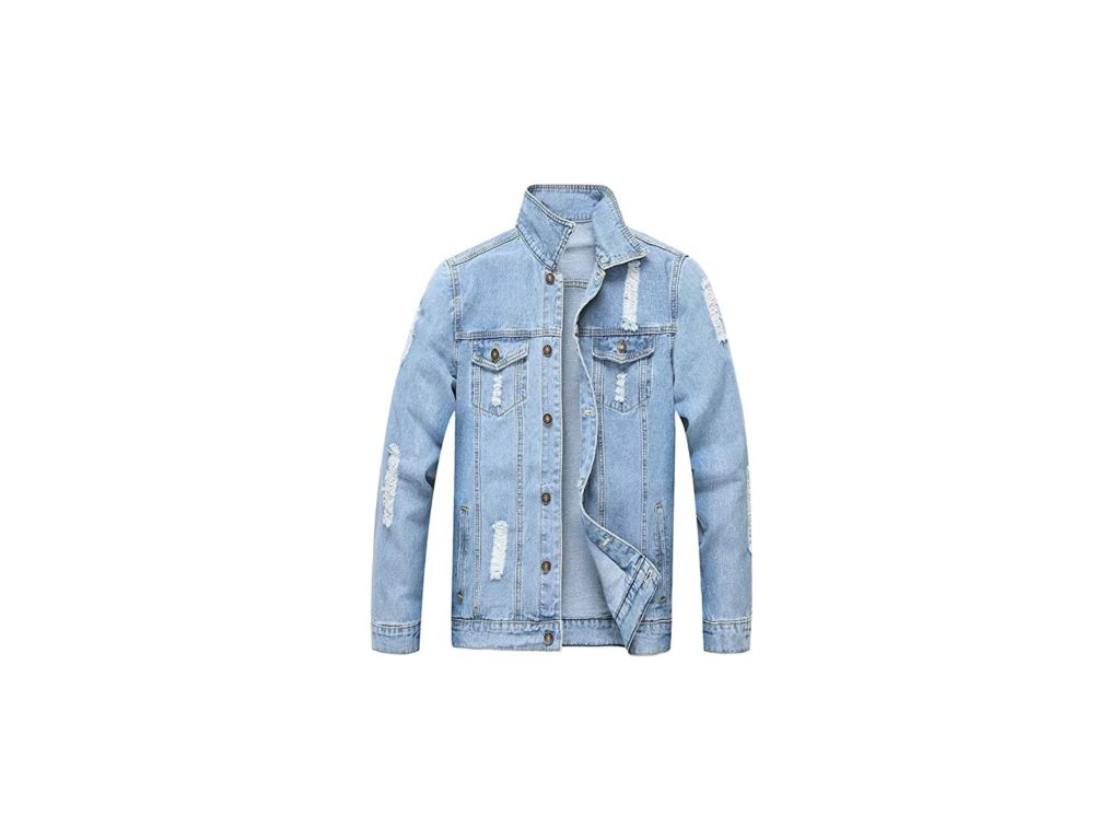 LZLER Jean Jacket for Men, Classic Ripped Slim Denim Jacket with Holes