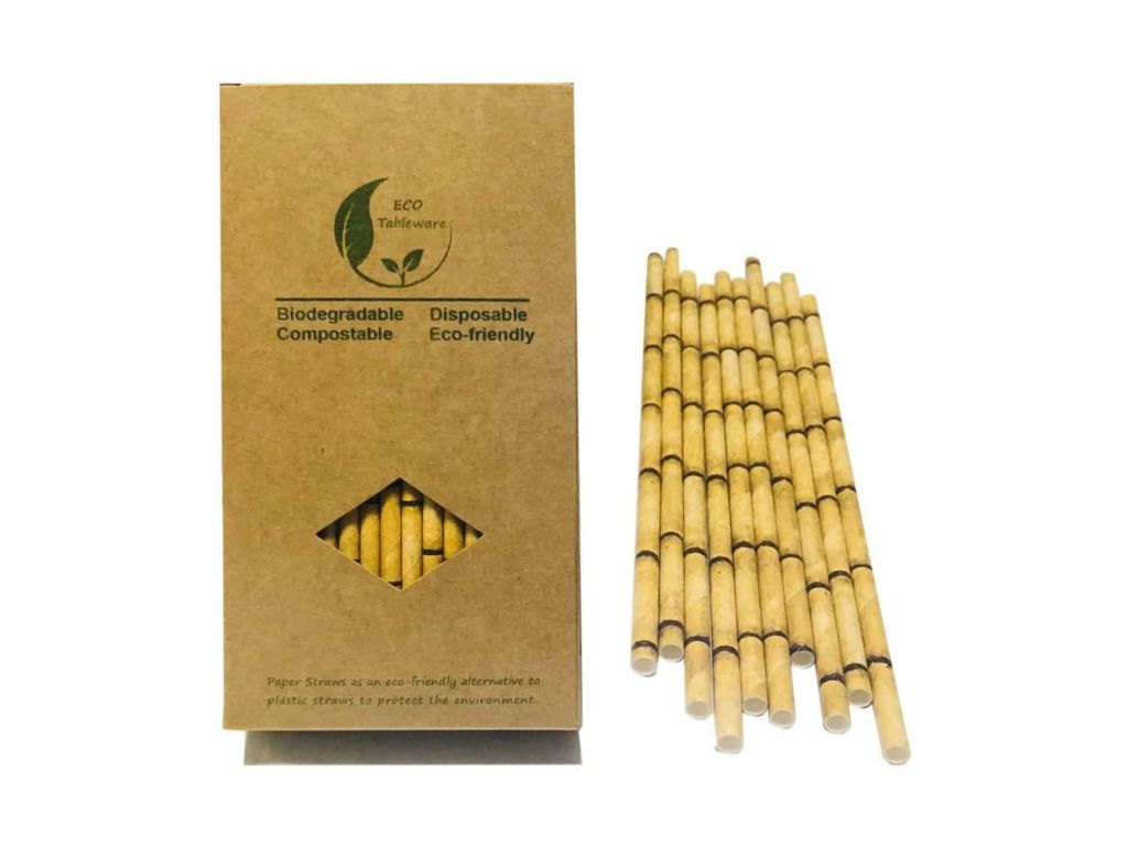 Yellow Bamboo Drinking Paper Straws, No Plastic Straws, Compostable Paper straws 100, 100% Organic Kraft Friendly Bamboo design DIY Drinking Decor Straw