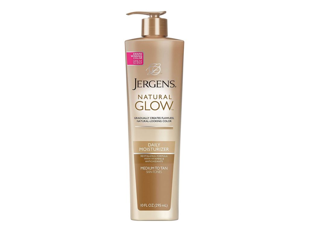 Jergens Natural Glow Sunless Tanning Lotion, Self-Tanner for Medium to Deep Skin Tone, Body Lotion for Natural Looking Tan, 10 Ounce, featuring Vitamin E