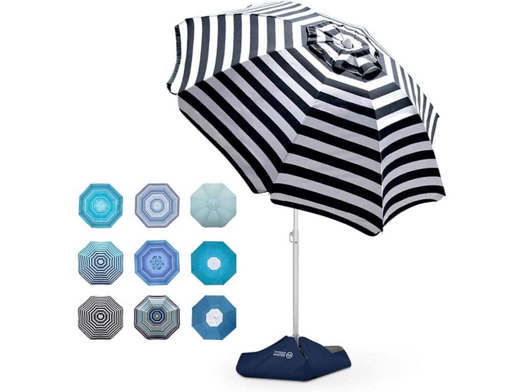 Beach Umbrella - 6.5ft Heavy Duty Windproof Tilt Portable Umbrella with Sand Anchor & Sand Bags UPF 50+ PU Coating with Carry Bag for Patio and Outdoor - Navy Striped