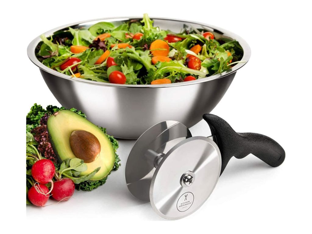 Salad Chopper Blade and Bowl – Stainless Steel Salad Cutter Bowl with Chef Grade Mezzaluna Salad Chopper – Ultra-Fast Salad Prep by Kitchen Hackables