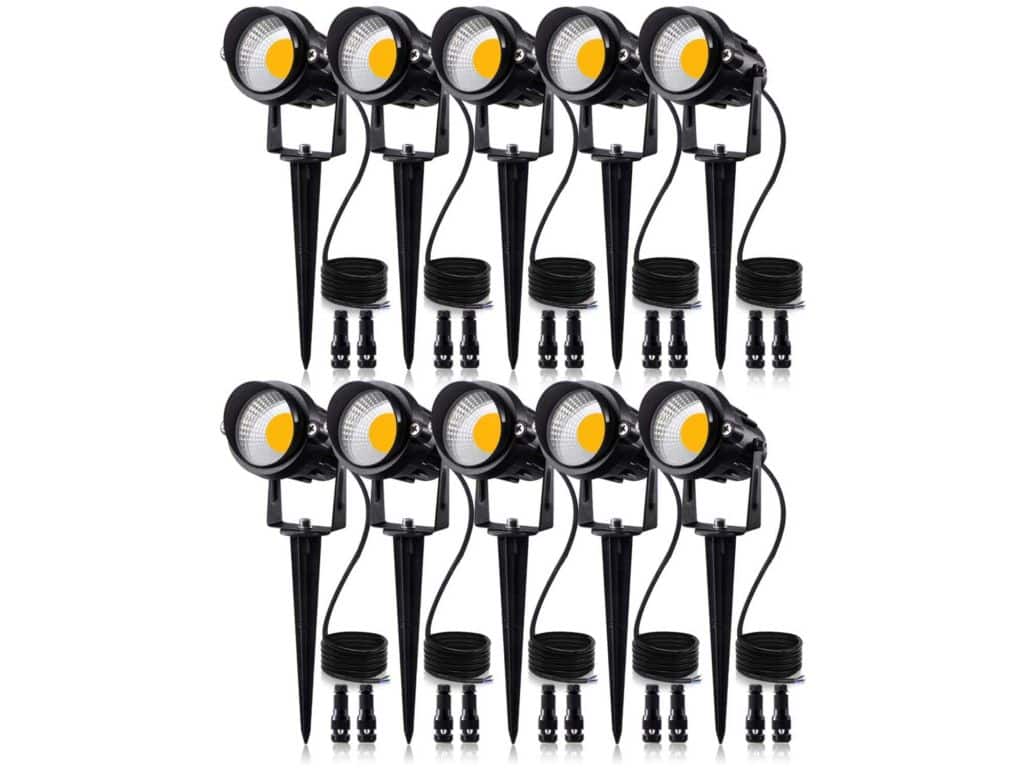 SUNVIE 12W Low Voltage LED Landscape Lights with Connectors, Outdoor 12V Super Warm White (900LM) Waterproof Garden Pathway Lights Wall Tree Flag Spotlights with Spike Stand (10 Pack with Connector)