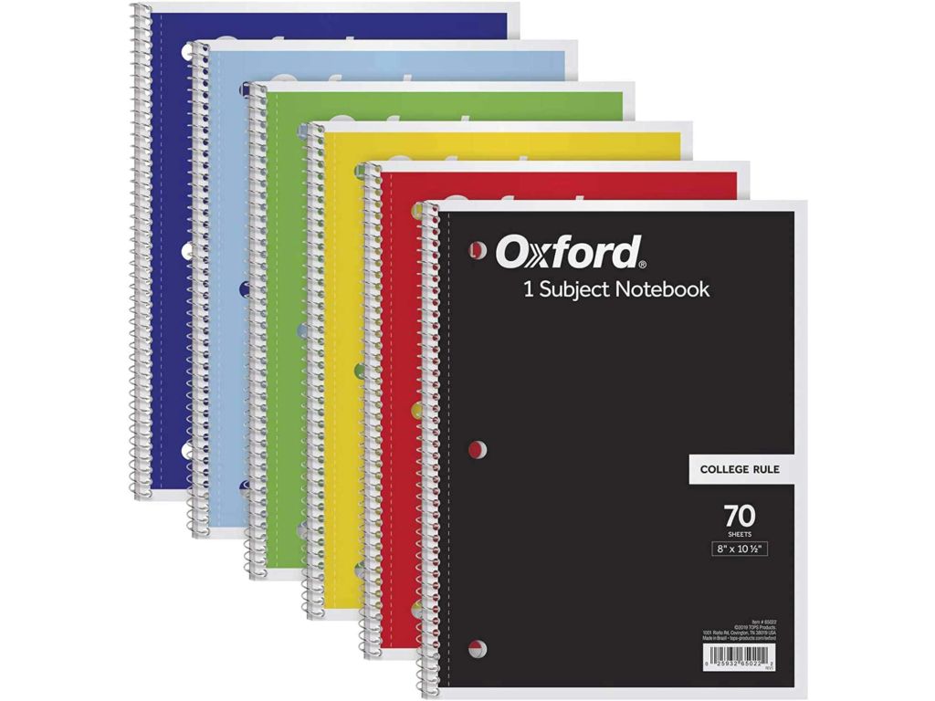 TOPS/Oxford 1-Subject Notebooks, 8" x 10-1/2", College Rule, 70 Sheets, 6 Pack, Color Assortment May Vary (65007)