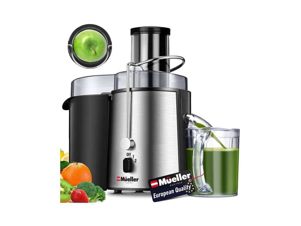 Mueller Austria Juicer Ultra Power, Easy Clean Extractor Press Centrifugal Juicing Machine, Wide 3" Feed Chute for Whole Fruit Vegetable, Anti-drip, High Quality, Large, Silver
